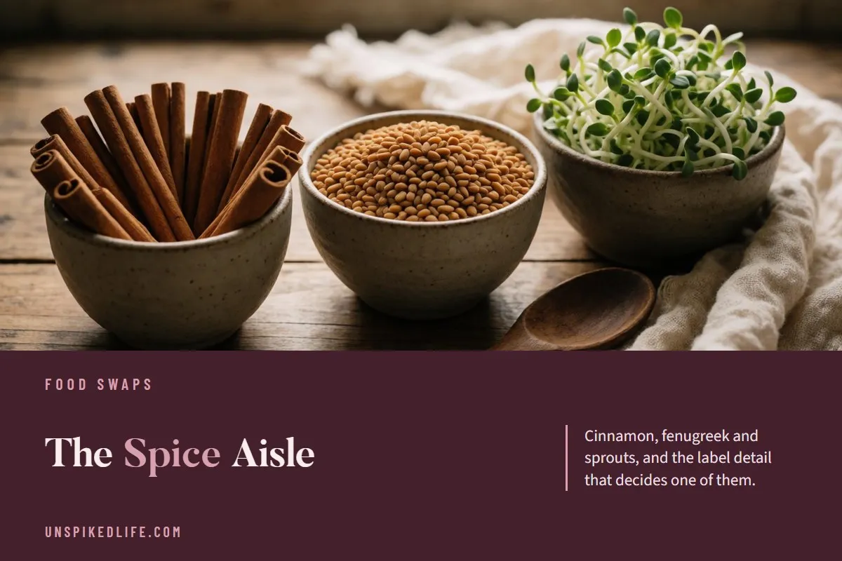 The Spice Aisle. Cinnamon, fenugreek and broccoli sprouts, and what each one is doing.